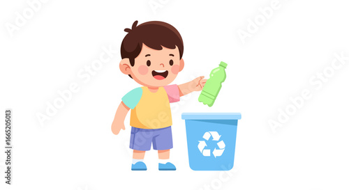 A happy young boy actively participates in crucial environmental stewardship, responsibly recycling a plastic bottle into a dedicated bin, advocating for a sustainable future for everyone
