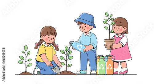 Enthusiastic young children plant and nurture new trees, promoting vital eco-conscious efforts and teaching valuable lessons in environmental stewardship for a sustainable planet