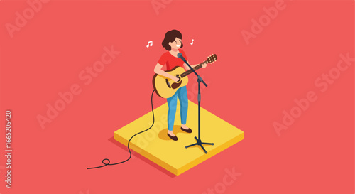 Woman playing guitar, singing on stage, for presentation, red background
