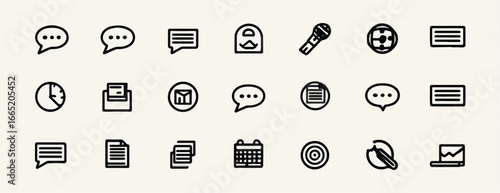 Collection of essential office and communication icons presenting business management and internet networking tools in a minimalist style