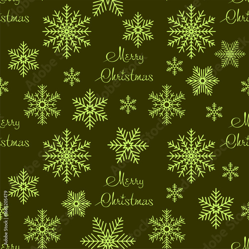 Wallpaper Mural simple seamless Christmas pattern of green snowflakes on olive background, texture Torontodigital.ca