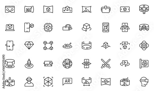 Virtual reality icon set. It contains VR, augmented reality, headset, immersive, mixed reality, AR, 360-degree, and more. Thin outline icons pack. Vector illustration
