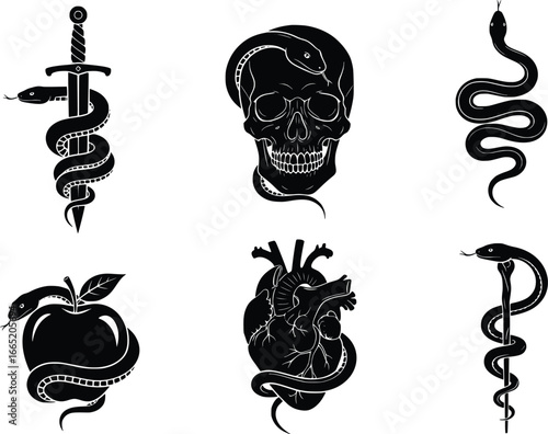 Dark skull snake apple heart sword symbols set grunge tattoo design elements gothic mystical imagery