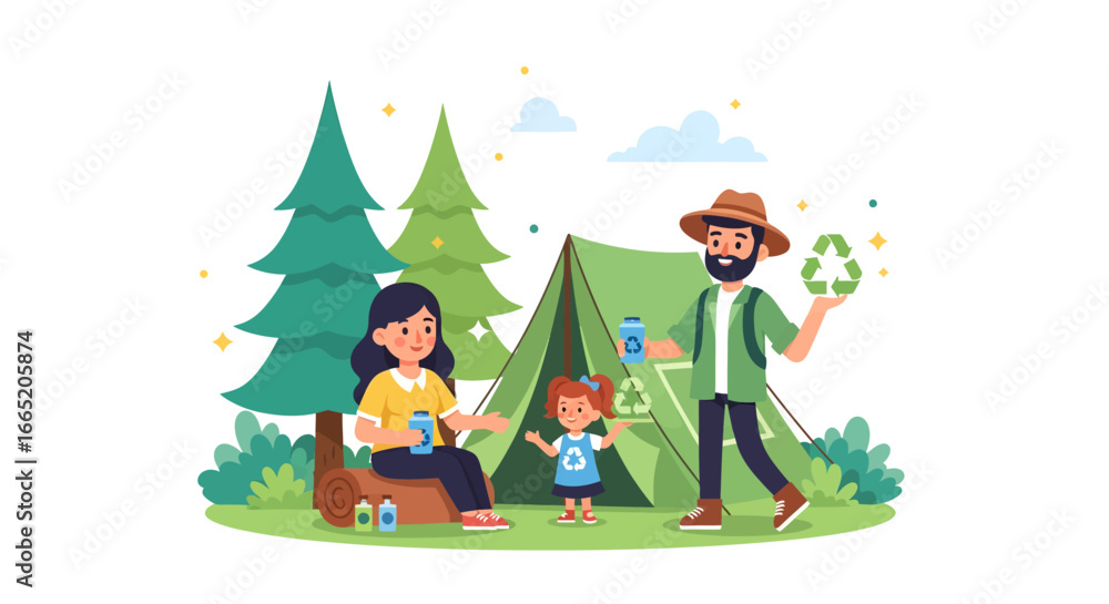 Fototapeta premium A happy family enjoys an eco-conscious camping trip in nature, demonstrating sustainable practices and embracing a zero-waste lifestyle for environmental protection