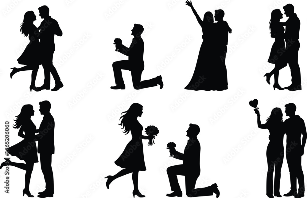 Obraz premium PrinRomantic couples silhouette set featuring proposals, affectionate embraces, and celebratory poses, ideal for Valentine’s Day, weddings, and love themed vectort
