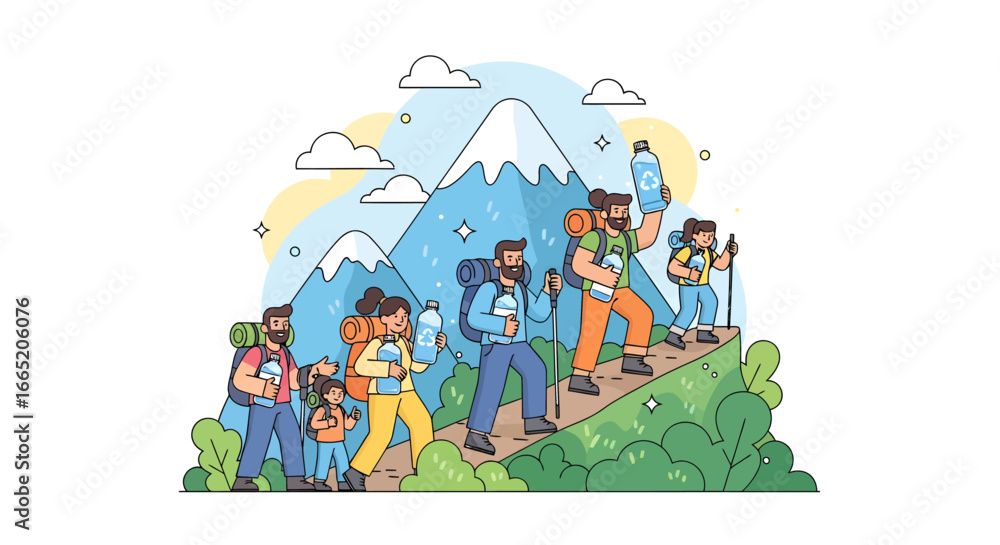 Obraz premium A family of hikers with reusable bottles embarks on an adventurous mountain trek, promoting eco-friendly outdoor recreation and sustainable travel practices
