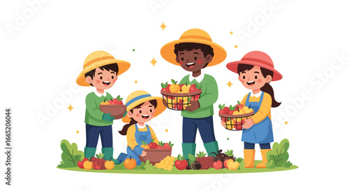 Joyful Diverse Group of Children Engaged in Bountiful Fruit Harvesting Activity, Celebrating Nature's Abundance and Teamwork in a Lush Orchard Setting