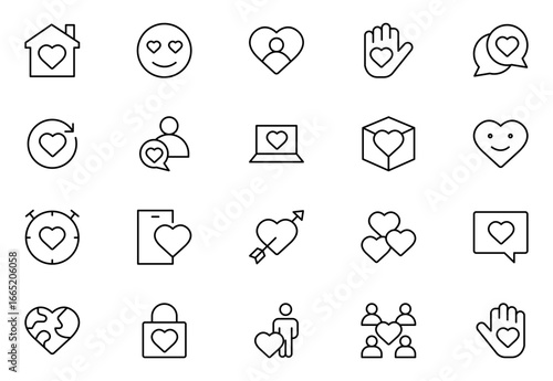 Heart outline icon set. love, care, help, charity, and donation outline icons are set isolated on a white background in a flat.Thin outline icons pack. Vector illustration. editable stroke