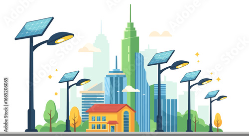 Modern Cityscape Featuring Sustainable Street Lighting Innovative Solar-Powered Lamps Brighten an Urban Environment with Green Technology