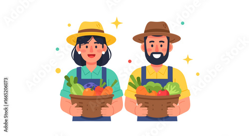 Smiling farmer couple proudly presenting their abundant, freshly harvested organic produce in baskets, symbolizing healthy living and sustainable agriculture for a brighter future