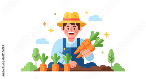 Cheerful farmer diligently harvesting vibrant, plump carrots from fertile soil, embodying the satisfaction of homegrown produce and sustainable agriculture practices