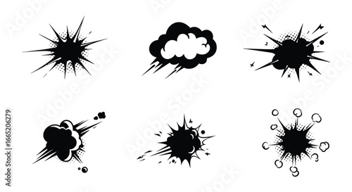 Collection of comic book style explosion and impact graphic elements in black