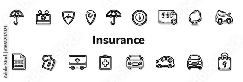 Collection of Insurance Icons in Doodle Style Depicting Protection Finance and Health Considerations