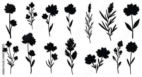 Collection of various black flower silhouettes on a white background