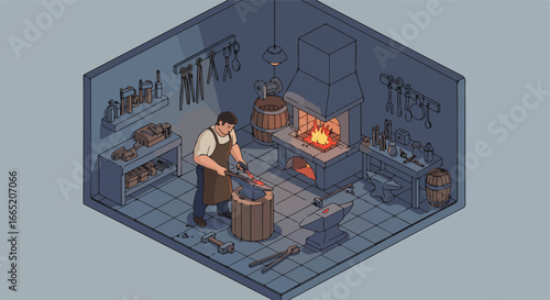 Isometric illustration Blacksmith shapes hot metal in workshop; tools hanging around