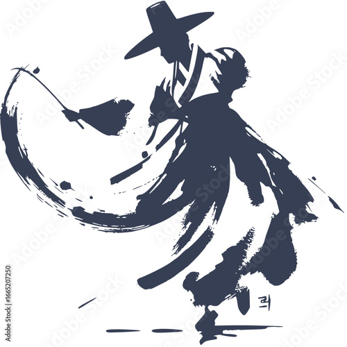 Ink Brush Korean Dancer: A dynamic ink painting captures a Korean dancer mid-movement, their traditional attire flowing, expressing energy and artistic grace.