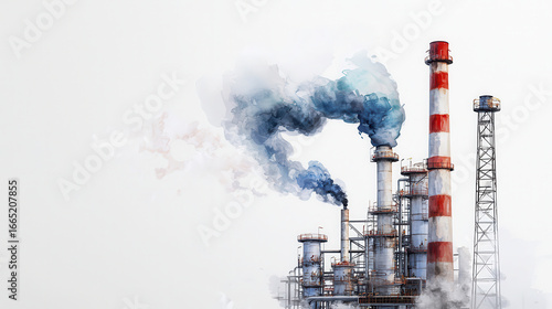 Industrial factory with smokestacks releasing colorful smoke, showcasing environmental impact and industrialization