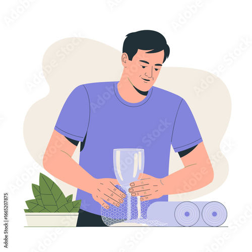 Man unpacking bubble wrap package delivery illustration opening parcel shipment
