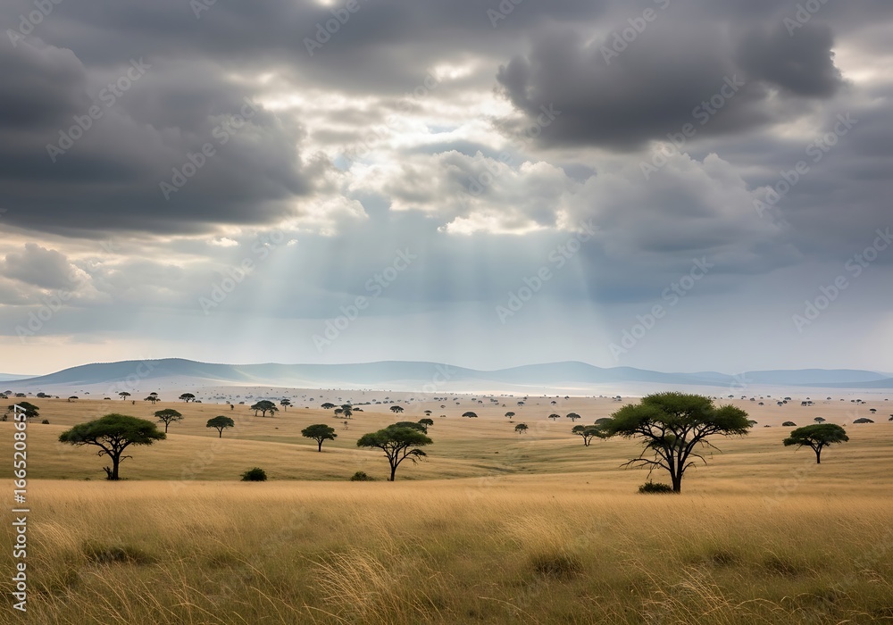 Obraz premium African Savanna Landscape Under Dramatic Sky.