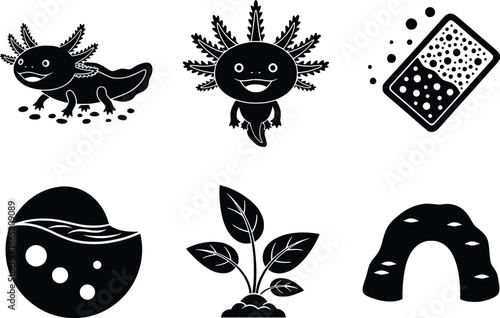 Charming axolotl and aquarium elements silhouette set for aquatic designs