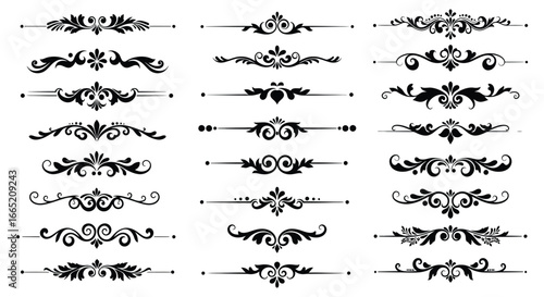 Collection of ornate black dividers and flourishes for design and decoration purposes