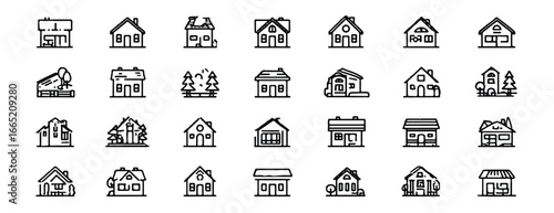 Collection of Minimalist House Icons Representing Different Home Styles and Architectural Designs Suitable for Real Estate and Construction