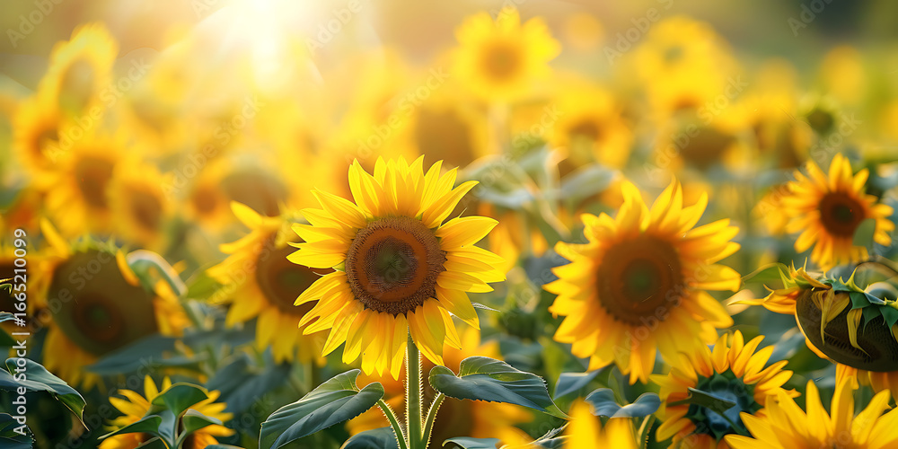 Obraz premium Sunflowers basking in warm sunlight with lush green leaves 