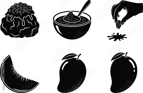 Hand-drawn silhouette collection of tropical fruit mangoes spices and jam for food design