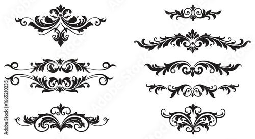 Collection of ornate black floral design elements and borders on white background