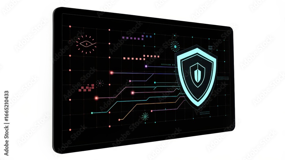 Fototapeta premium next gen firewall software Digital security interface featuring a shield symbol and circuit patterns on a dark background.