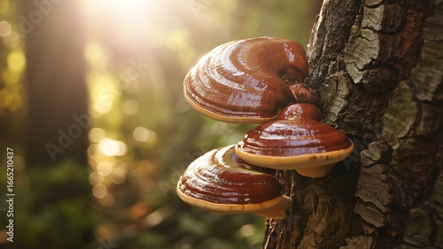 Ganoderma lucidum mushrooms on tree bark reishi lingzhi