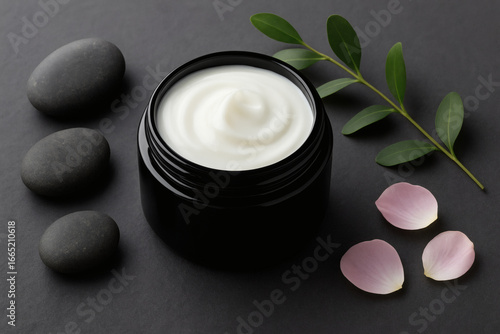 Luxury White Cream in Black Jar with Spa Elements