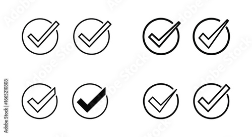 Set of checkmark icons in various line styles and thicknesses on white background