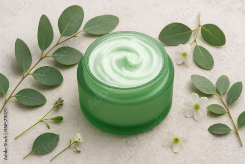 Herbal Skincare Cream in Green Jar with Eucalyptus