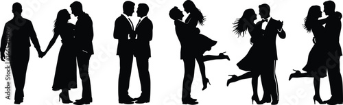 PrintSilhouette romantic couples in various affectionate poses holding hands, kissing, embracing, and dancing for love, wedding, Valentine’s, and relationship themes