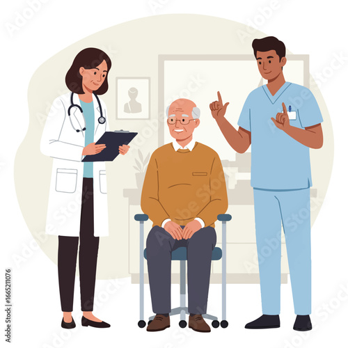 Diverse healthcare team provides inclusive patient consultation: a doctor speaks with an elderly patient as a nurse uses sign language, depicted in a modern flat vector illustration.