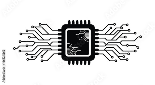 Microchip with circuit board connections on a white background
