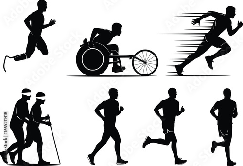 Diverse athletes silhouette collection featuring runners wheelchair athletes and visually impaired nordic skiers in motion