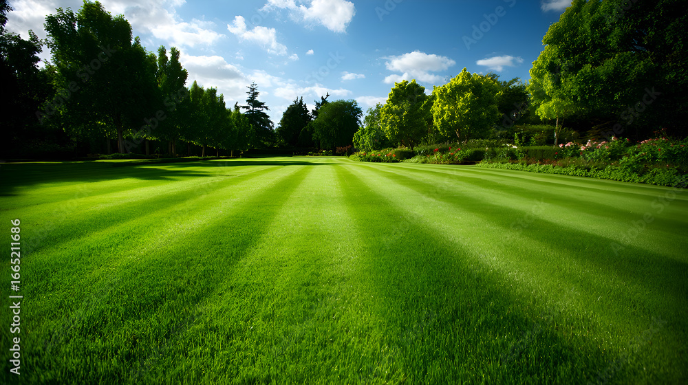 Fototapeta premium Lush green grass stripes stretching across a well maintained lawn under a blue sky