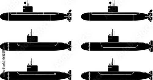 Six black silhouette submarines with white outlines on white background submersible naval
