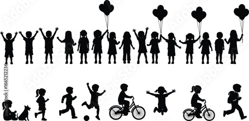 PrintSilhouettes of children playing, celebrating, and riding bicycles in joyful outdoor activities for family, childhood, happiness, and recreational lifestyle vector illustration