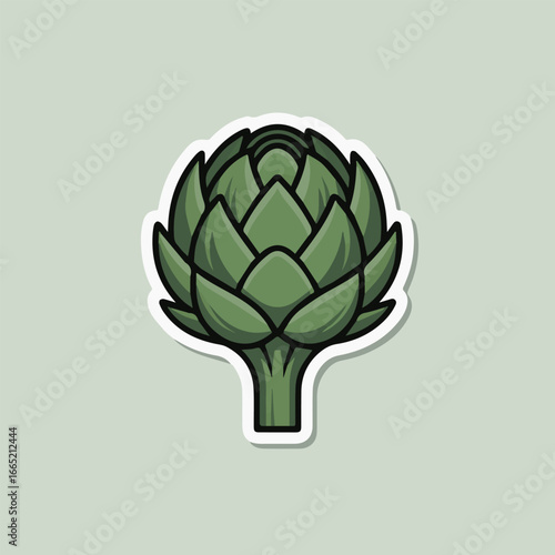 A vibrant green artichoke sticker with a white outline on a light green background, perfect for adding a touch of nature to any design