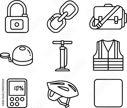 Collection of safety and security gear icons bicycle helmet lock chain link safety vest and pump device