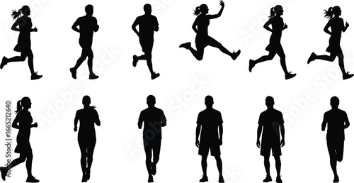 PrintSilhouettes of Men and Women Running, Walking, and Jogging in Various Poses for Fitness, Sports, Exercise, Health, Training, and Active Lifestyle