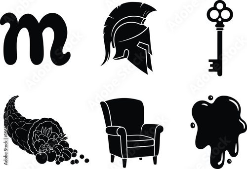 Diverse set of black silhouette icons featuring letter m helmet key cornucopia armchair and ink splat