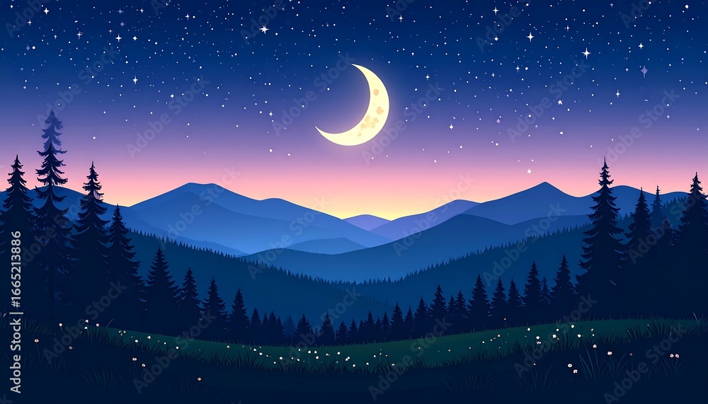 Fototapeta premium Night mountains with crescent moon, and stars.