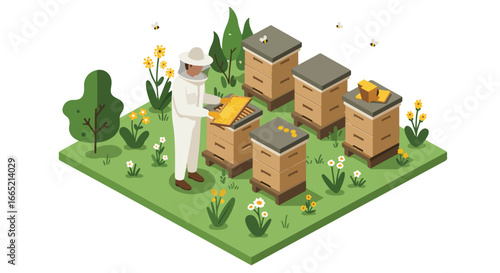 Beekeeper harvesting honey in an apiary, flat isometric illustration for stock