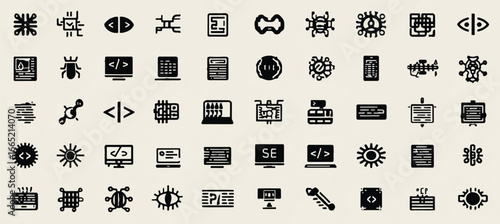 Collection of Software Development and Technological Icons Representing Coding and Computer Science Concepts with Simple Black and White Design