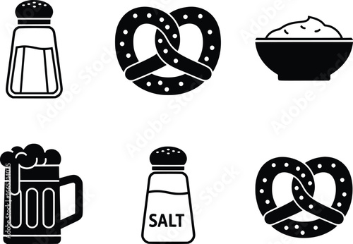 Six silhouette icons of traditional german food and drink perfect for oktoberfest and pub menus