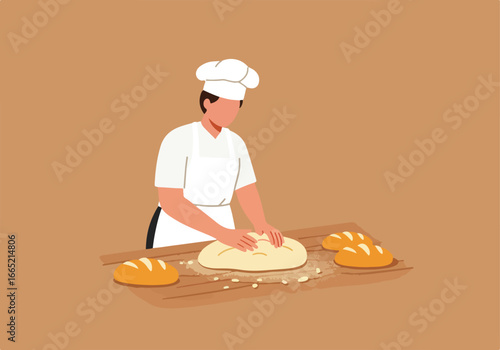 Baker kneads dough on table near bread; solid color background for recipe layout